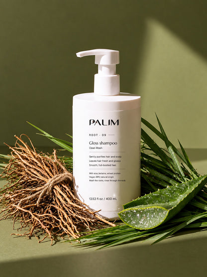 Clean Wash gloss shampoo with vetiver roots, grass and aloe