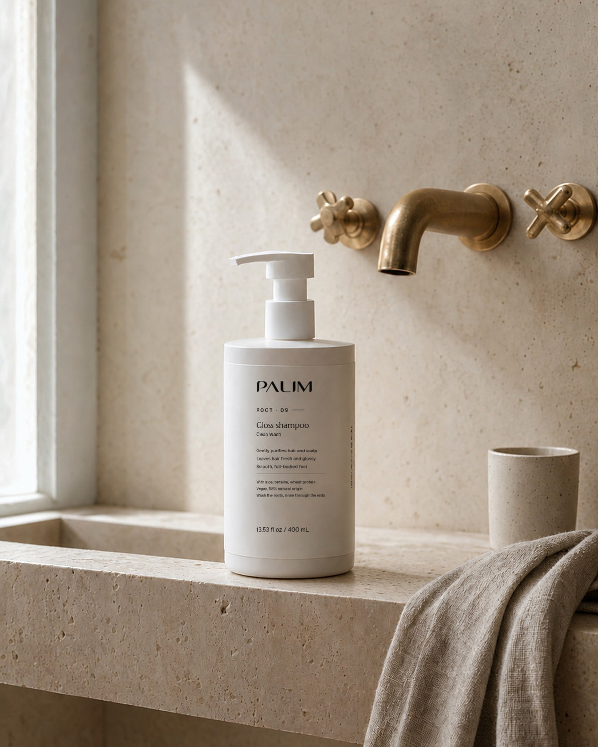 Clean Wash gloss shampoo on a travertine bathroom sink